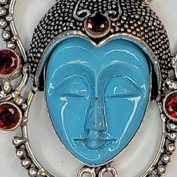 Sterling Silver Pendant with Blue Carved Face and Garnet Accents - Picture 12 of 12